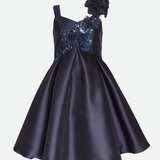 Navy Party Dress for Tween Girls with ruffle shoulder and Sequin flower applique 