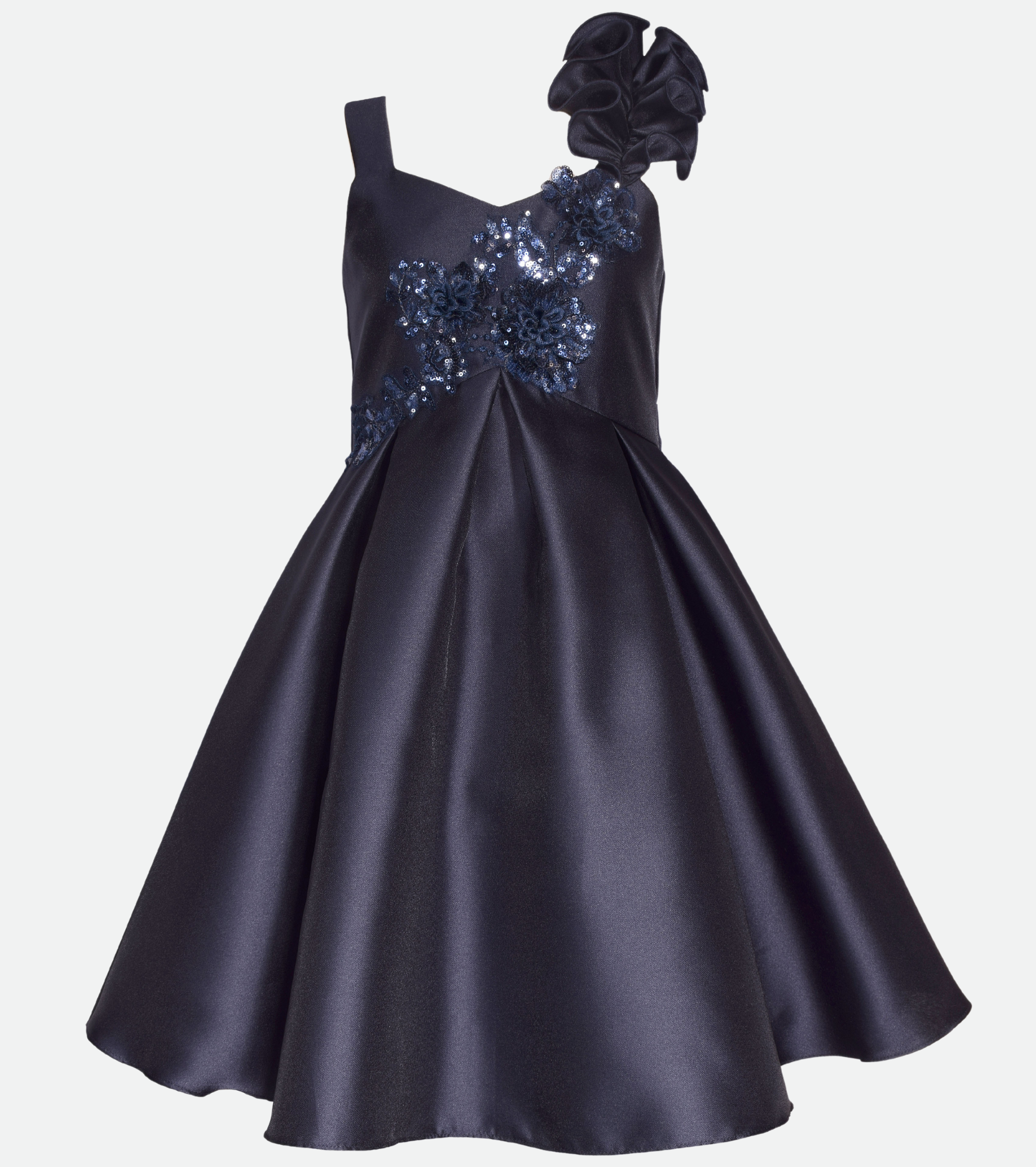 Navy Party Dress for Tween Girls with ruffle shoulder and Sequin flower applique 