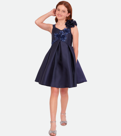 Navy Party Dress for Tween Girls with ruffle shoulder and Sequin flower applique 