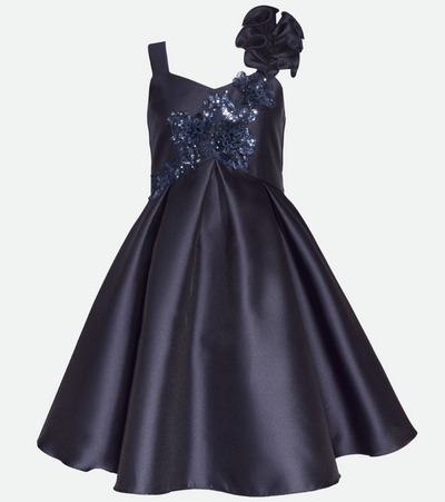 Navy Party Dress for Tween Girls with ruffle shoulder and Sequin flower applique