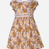 White Smocked Sunflower Print Dress for Girls with Sunflower Embroidery