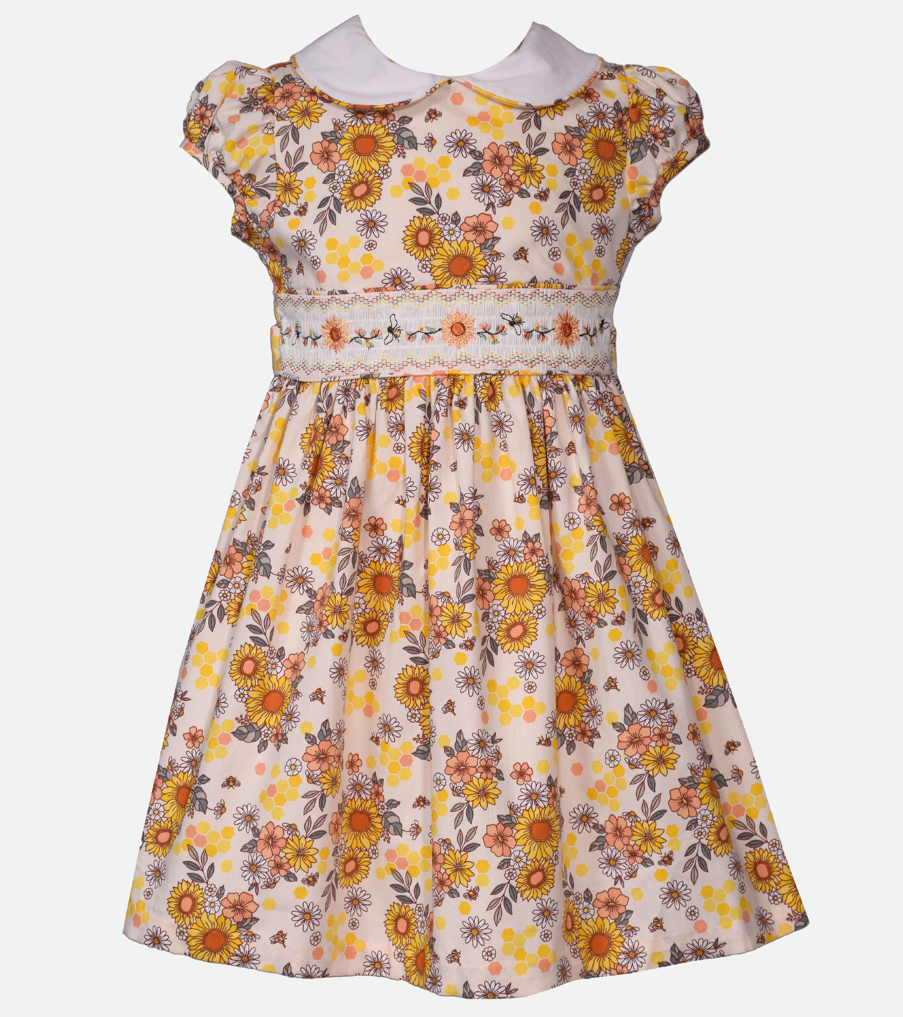 White Smocked Sunflower Print Dress for Girls with Sunflower Embroidery