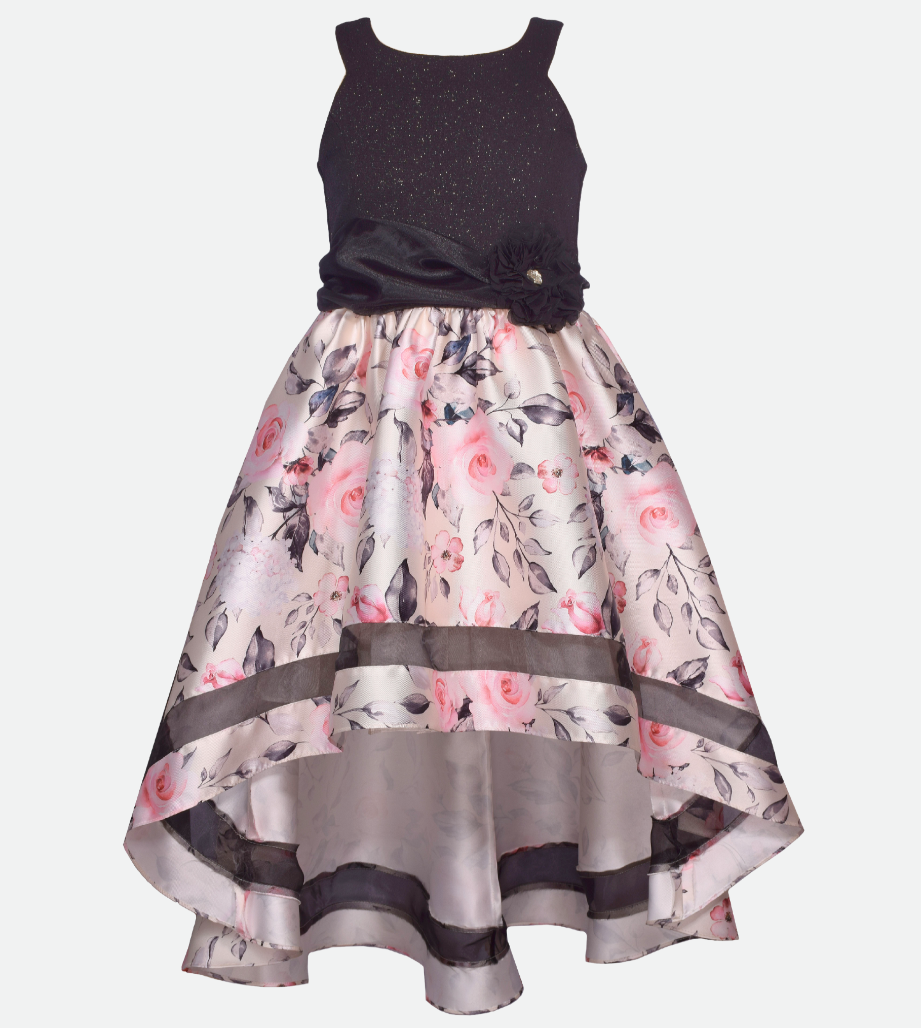 Matching Sister Outfit Black and white floral party dress for girls with high low skirt