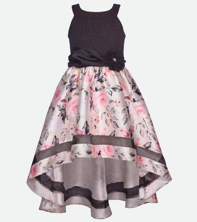 Black and white floral party dress for girls with high low skirt