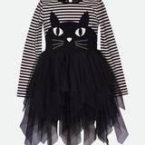 Striped Black Cat Applique Halloween Dress for Girls