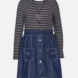 Black and white striped top to denim skirt dress for girls with matching necklace