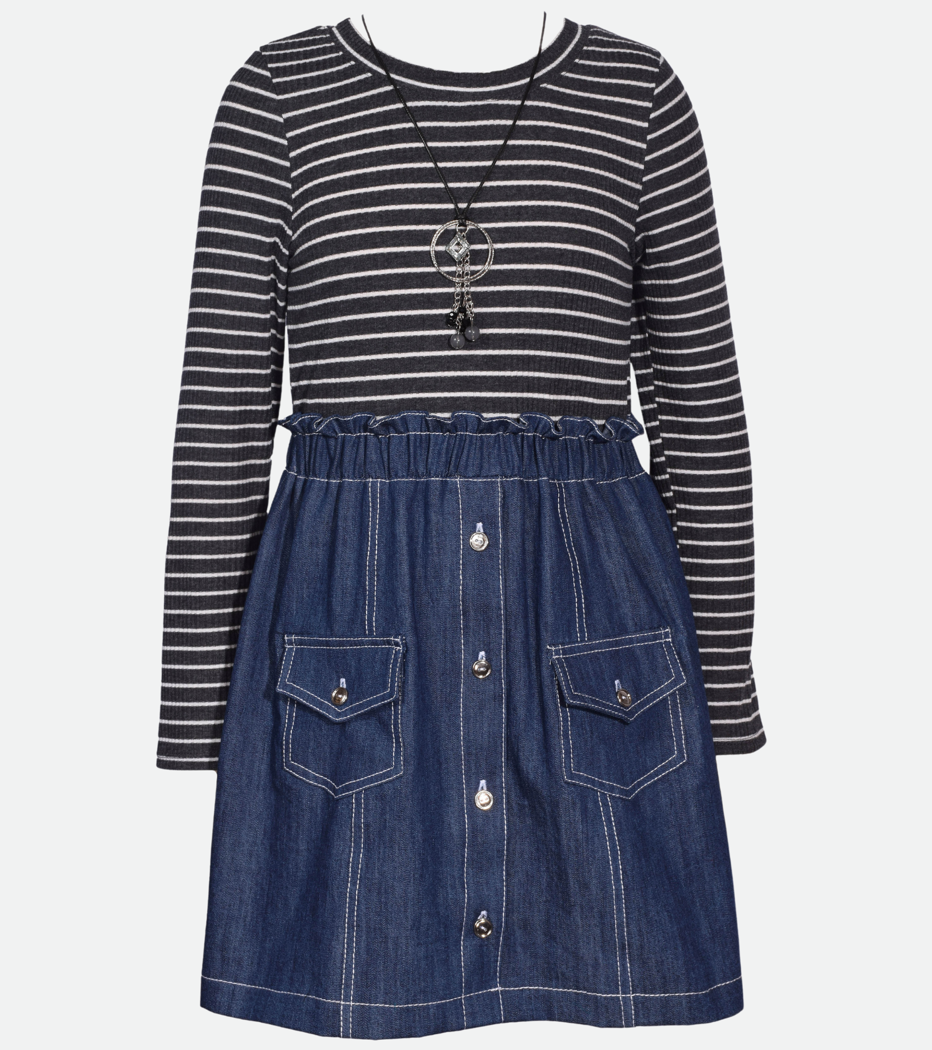 Black and white striped top to denim skirt dress for girls with matching necklace