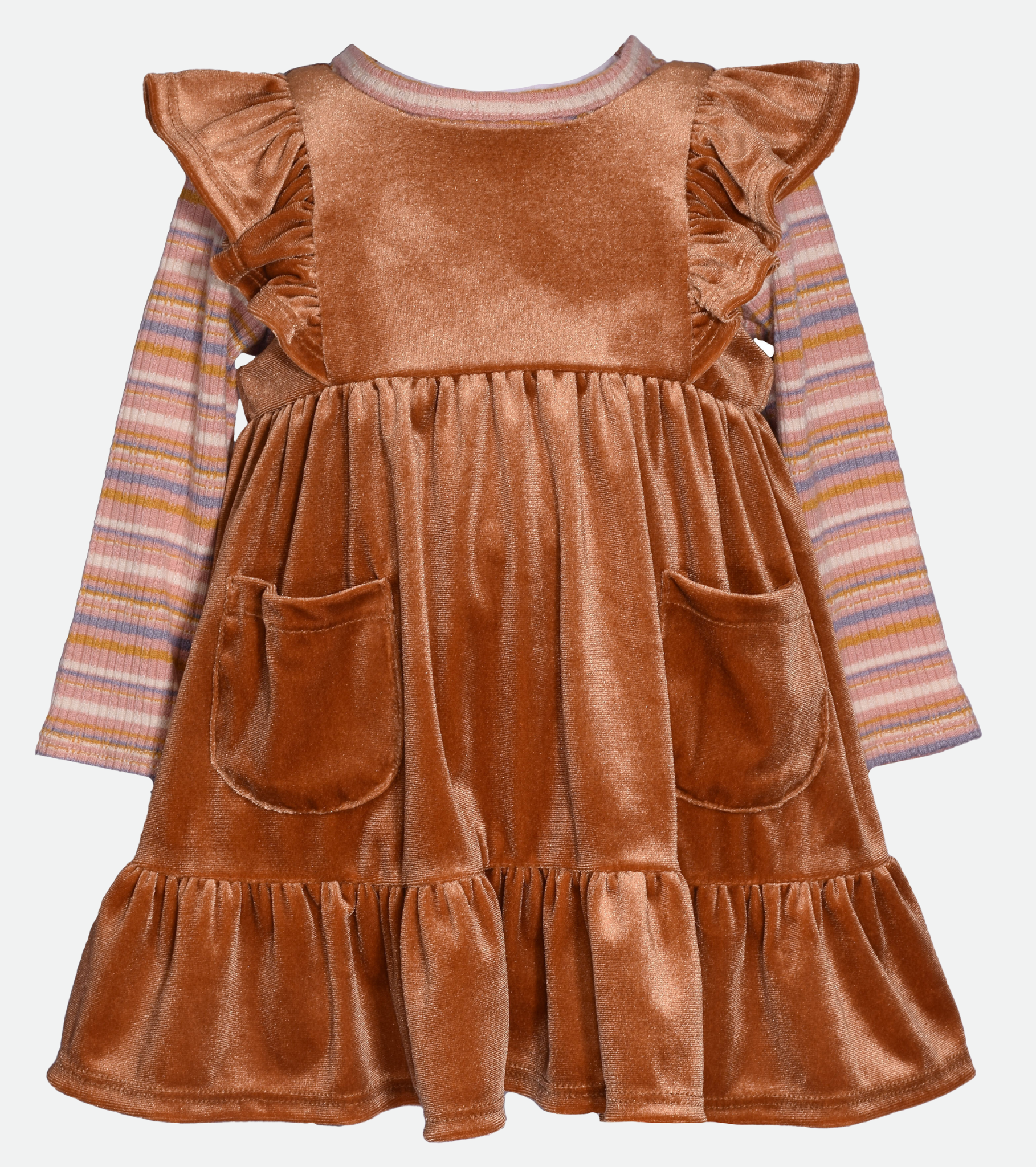 Baby girls velvet jumper dress with striped knit shirt set 