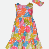 Tropical print sundress with matching headband for girls knit sundress