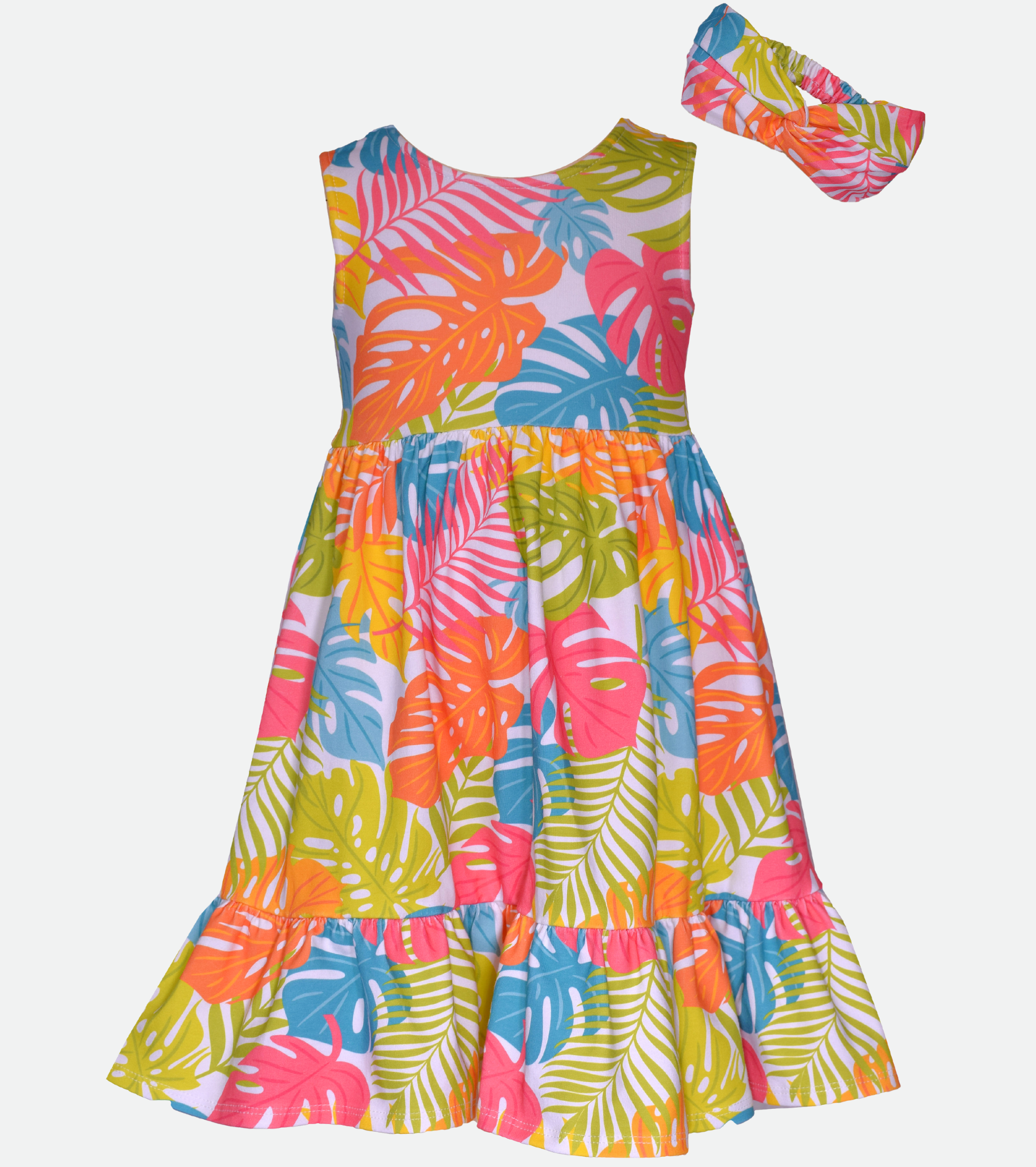 Tropical print sundress with matching headband for girls knit sundress