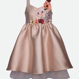 girls party dress with appliqued flowers on bodice and shoulder