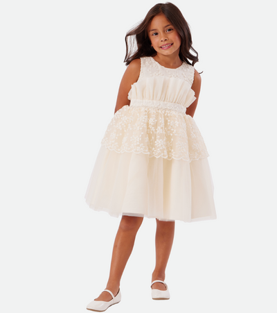 White lace party dress for girls stand up ruffle  waist