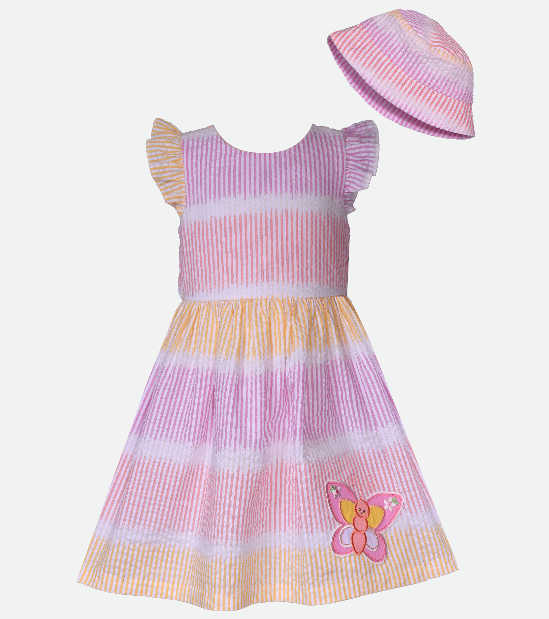 Yellow and pink striped sundress with matching hat cotton dress for girls 