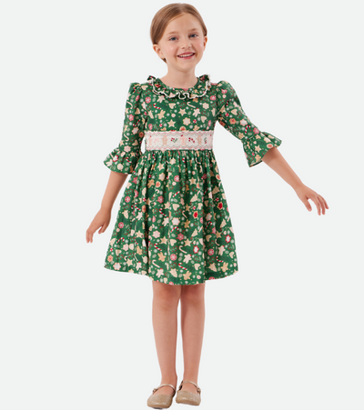 Green smocked girls christmas dresses with gingerbread motif print christmas dresses for girls