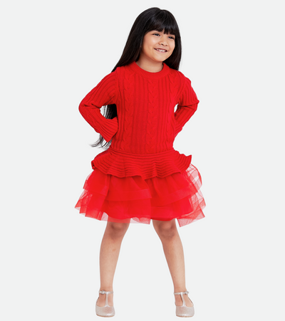 Red Knit christmas dresses for girls sweater dress with tutu skirt