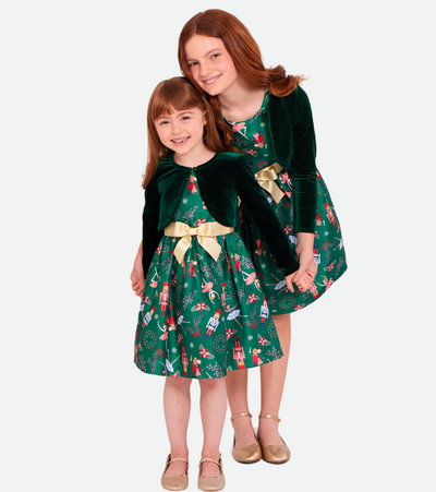 Green Nutcracker Christmas dresses for girls matching cardigan