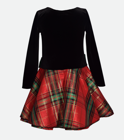 girls holiday dress with stretch velvet bodice, plaid skirt and bow at waist