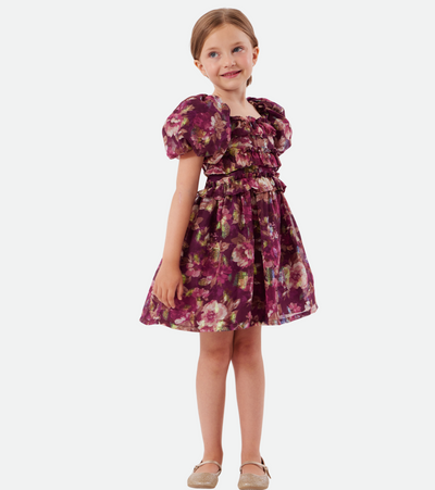 purple floral puff sleeve chiffon party dress for girls