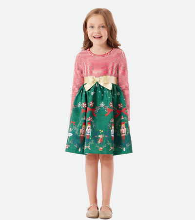 long sleeve red stripe  to nutcracker print Christmas Dresses for Girls