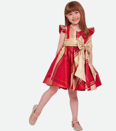 Girls Christmas dresses in red and gold plaid taffeta with gold bow