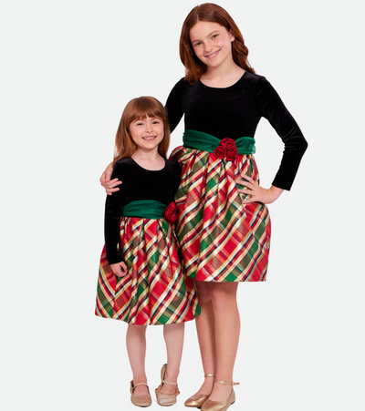 Christmas Dresses for Girls Stretch Velvet to Red and Green Plaid