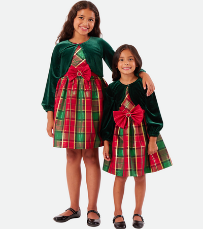 Bonnie Jean’s Christmas Dress for girls Red and Green Plaid Dress with Cardigan