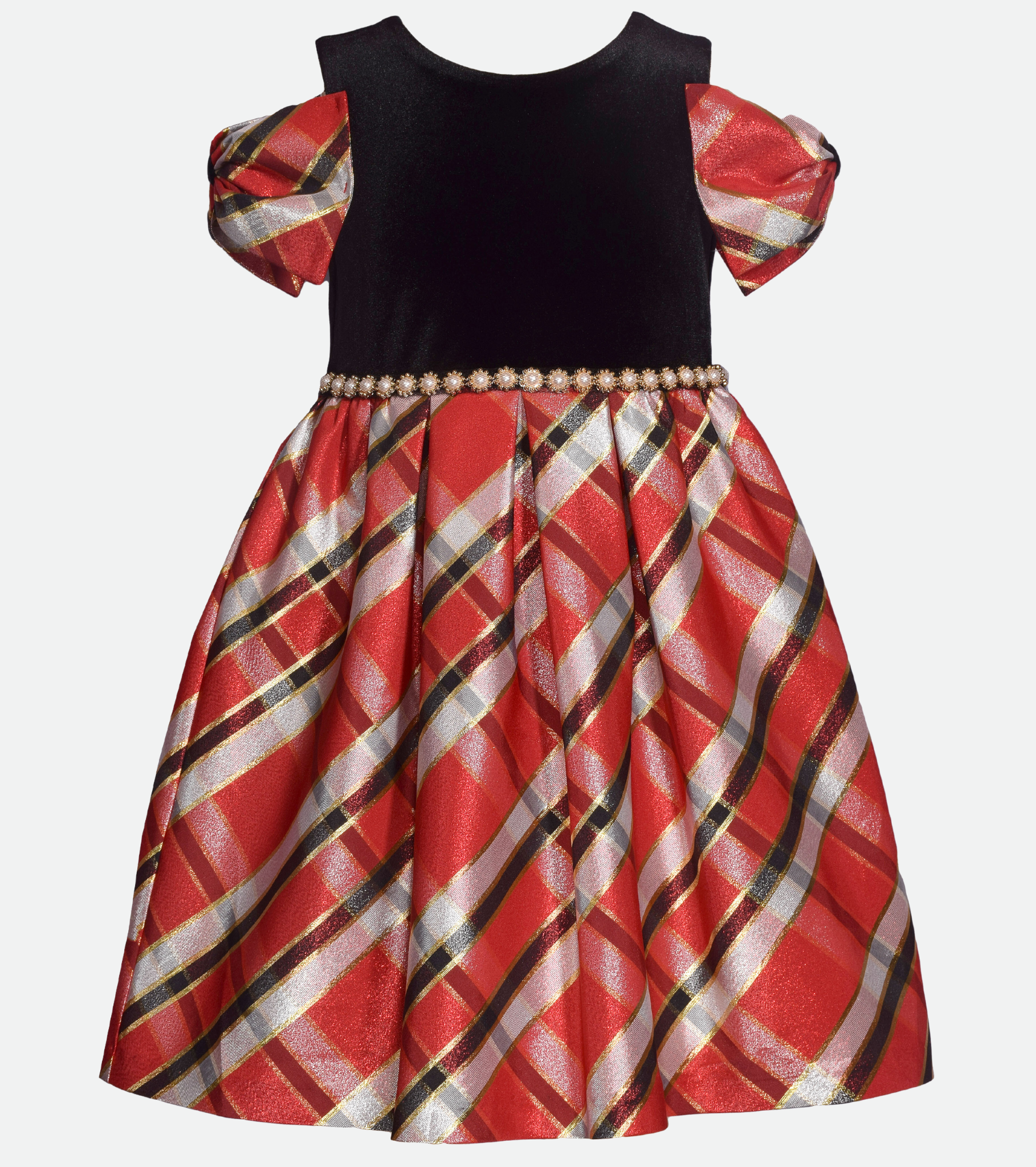  Velvet to red plaid Girls christmas dresses with sparkly red taffeta skirt and velvet top