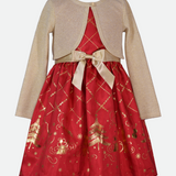 Girls Christmas Nutcracker dress in red with gold nutcracker print and matching gold cardigan 