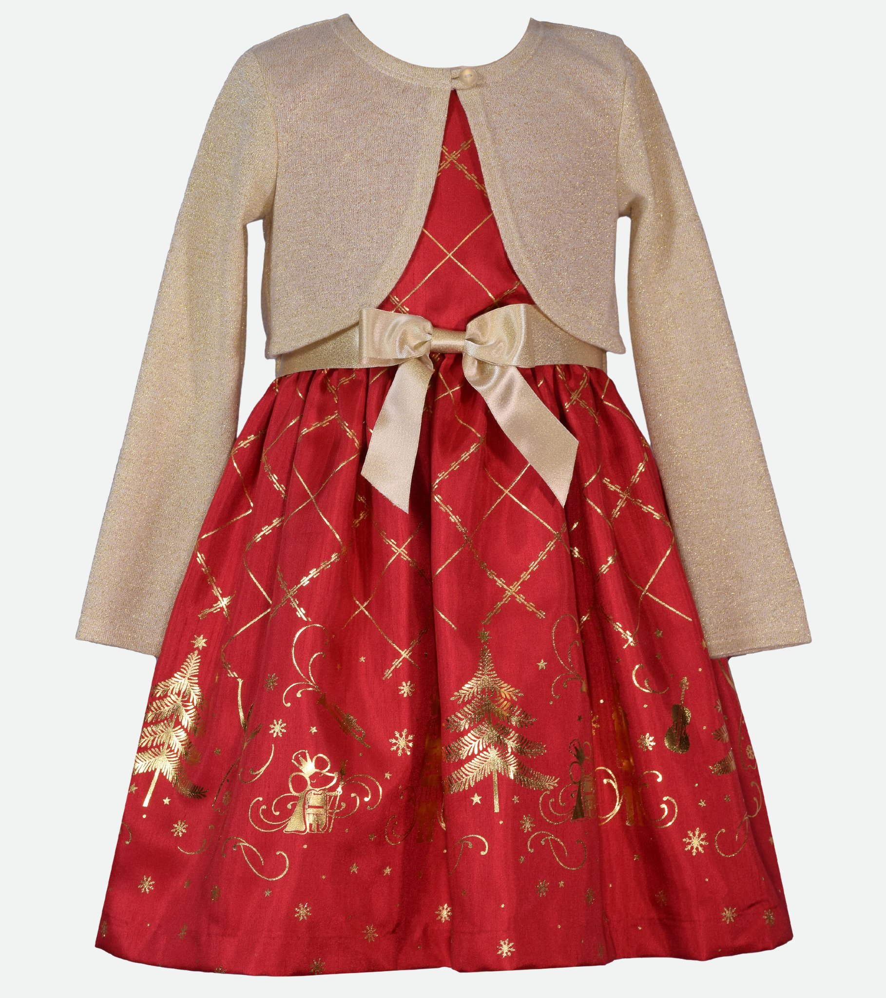 Girls Christmas Nutcracker dress in red with gold nutcracker print and matching gold cardigan 