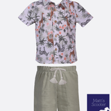 short-sleeved jungle print camp shirt with matching gauze shorts.