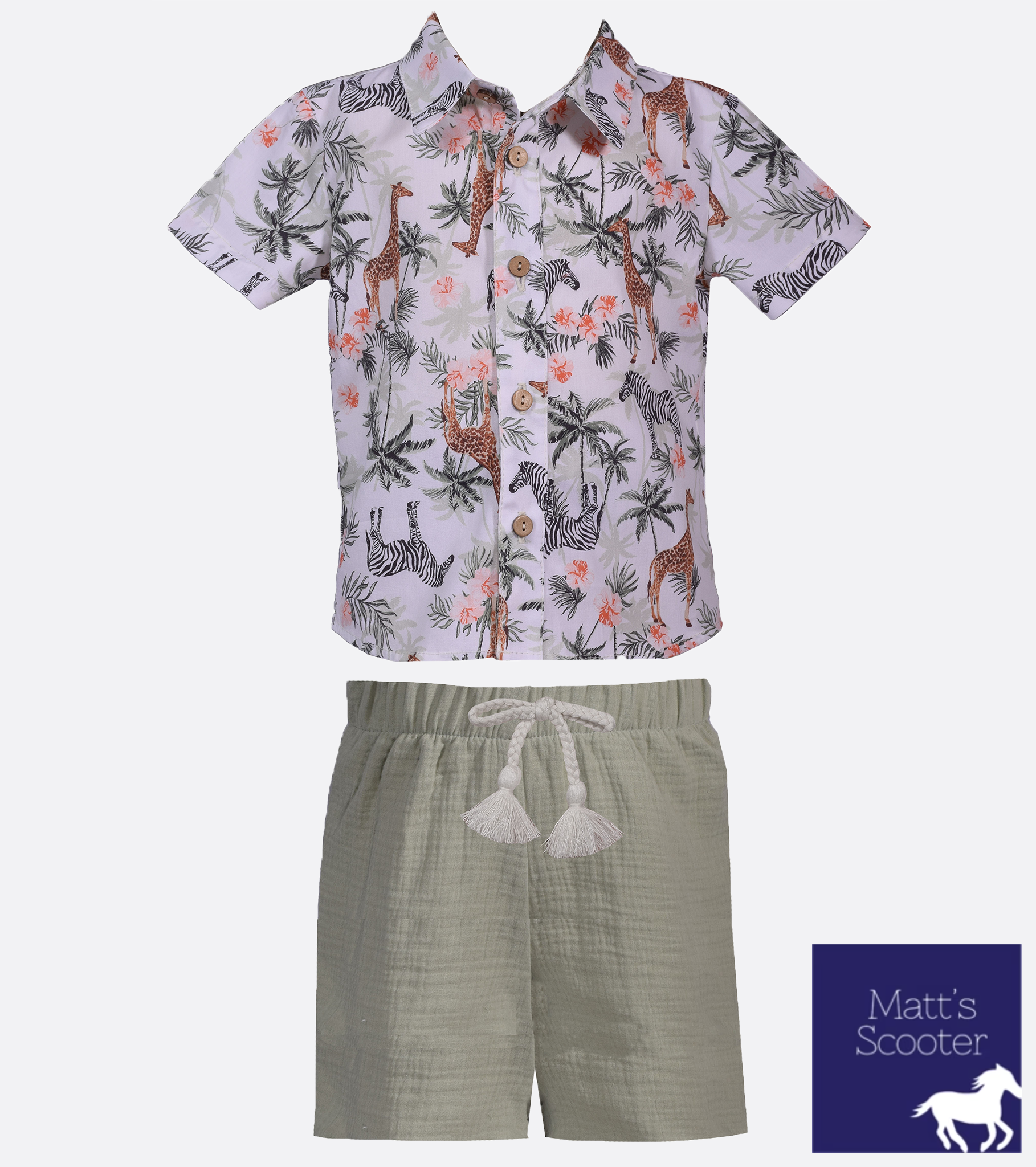 short-sleeved jungle print camp shirt with matching gauze shorts.