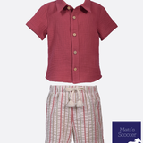 Short-sleeved button down shirt in breezy gauze & striped seersucker shorts.