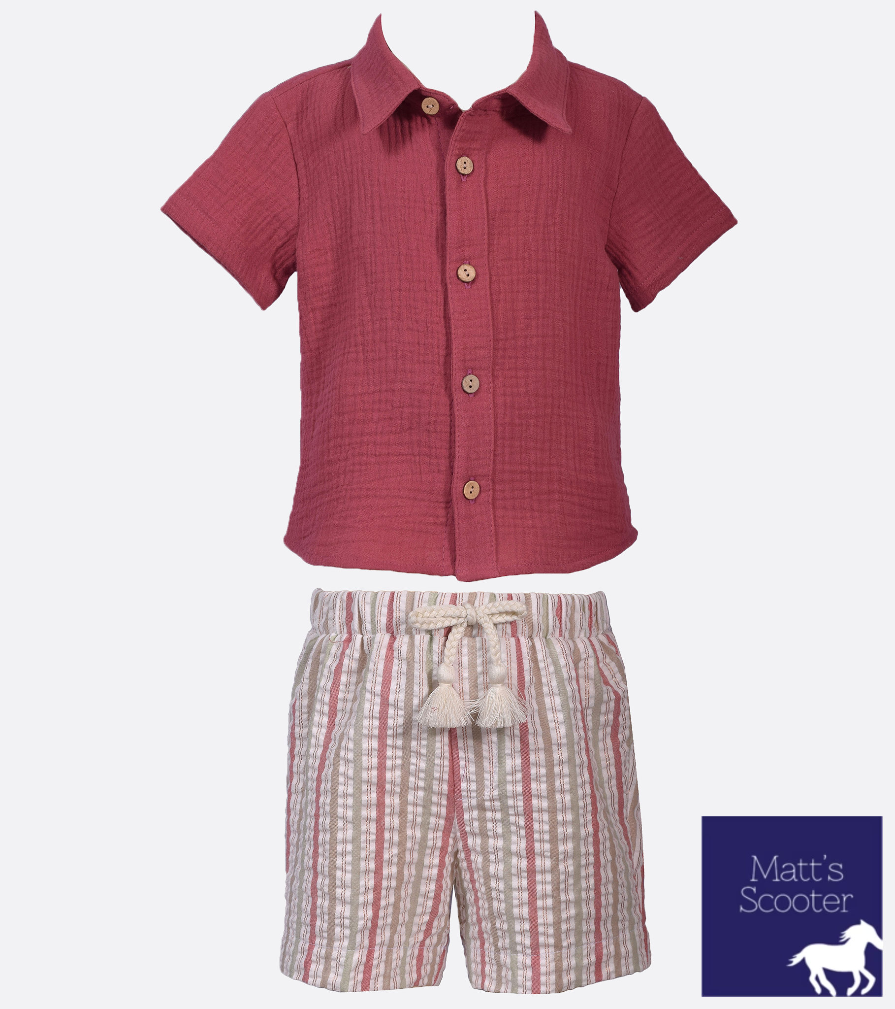 Short-sleeved button down shirt in breezy gauze & striped seersucker shorts.