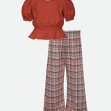 orange peasant top and wide leg pants outfit set for girls Back to school outfit for tween girls 