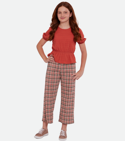 orange peasant top and wide leg pants outfit set for girls Back to school outfit for tween girls 